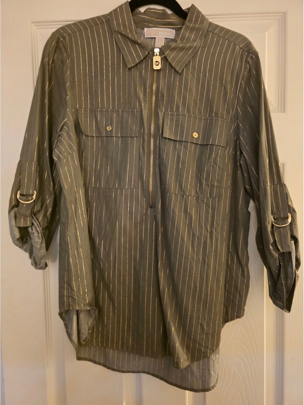 EUC Michael Kors Women's Striped Button-Up Blouse with Zipper, Sz. L